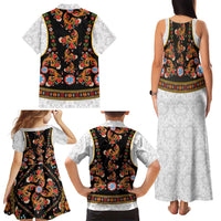 Norwegian Female Bunad Family Matching Tank Maxi Dress and Hawaiian Shirt with Rosemaling Folk Art Black Color - Wonder Print Shop