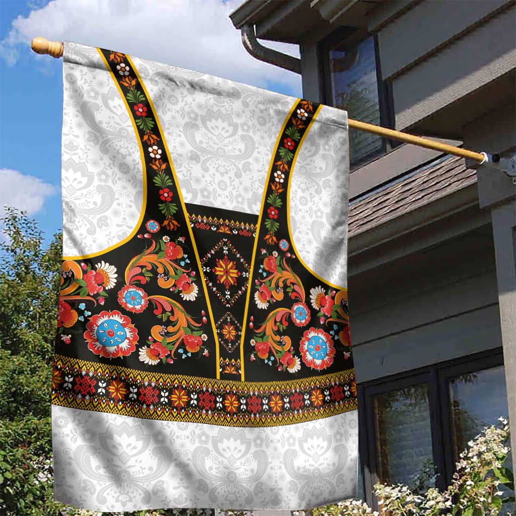 Norwegian Female Bunad Garden Flag with Rosemaling Folk Art Black Color - Wonder Print Shop