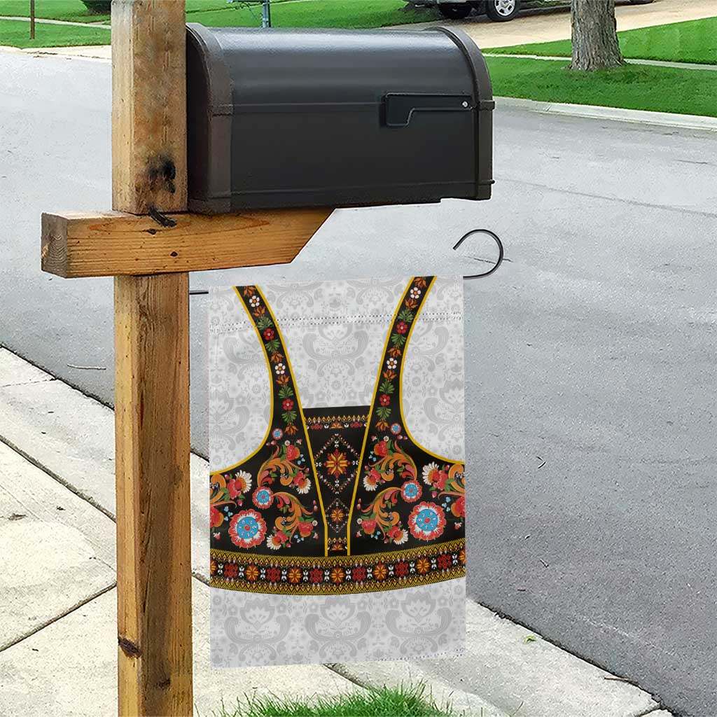 Norwegian Female Bunad Garden Flag with Rosemaling Folk Art Black Color - Wonder Print Shop