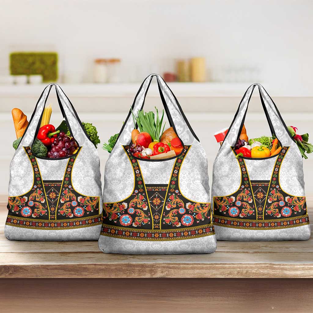 Norwegian Female Bunad Grocery Bag with Rosemaling Folk Art Black Color - Wonder Print Shop