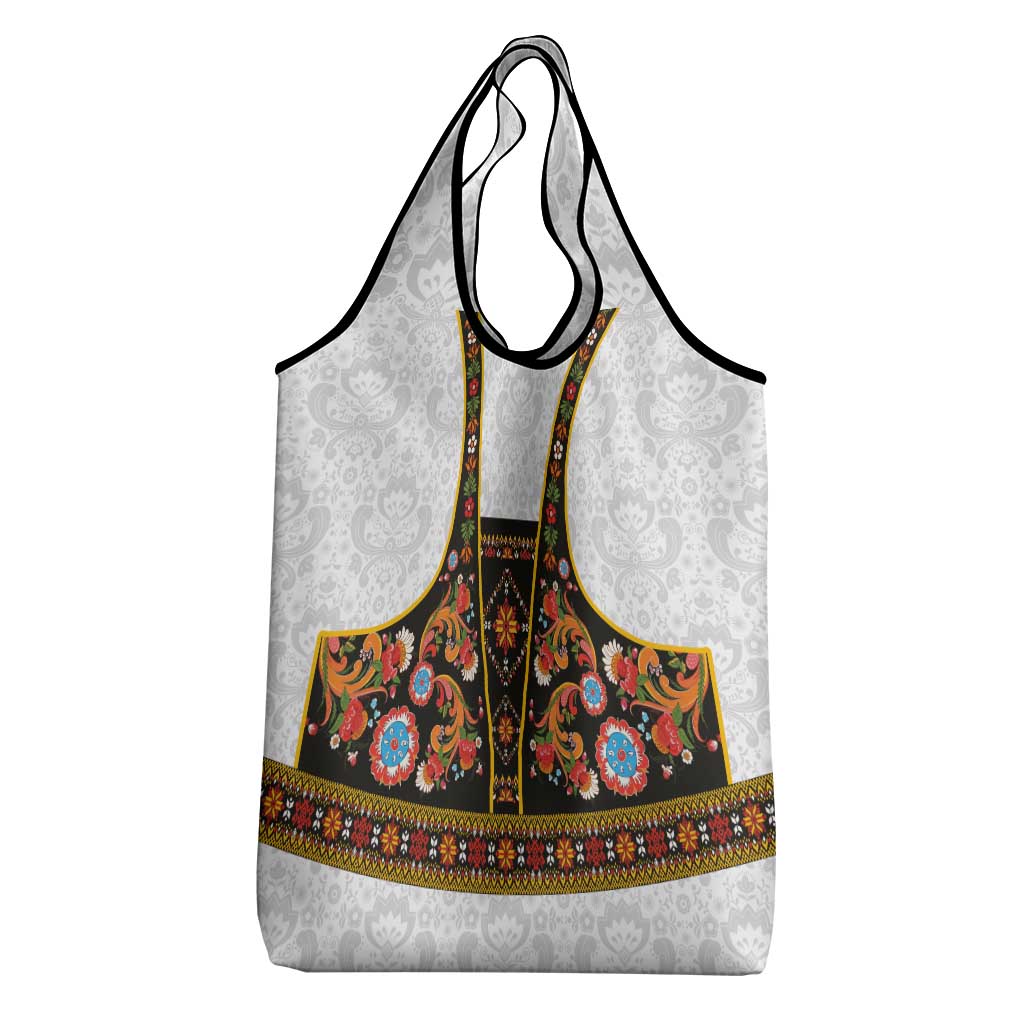 Norwegian Female Bunad Grocery Bag with Rosemaling Folk Art Black Color - Wonder Print Shop
