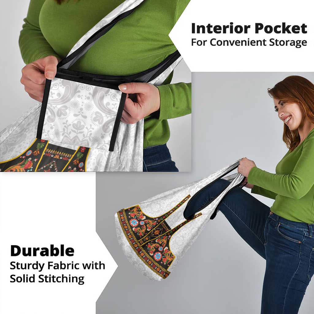 Norwegian Female Bunad Grocery Bag with Rosemaling Folk Art Black Color - Wonder Print Shop