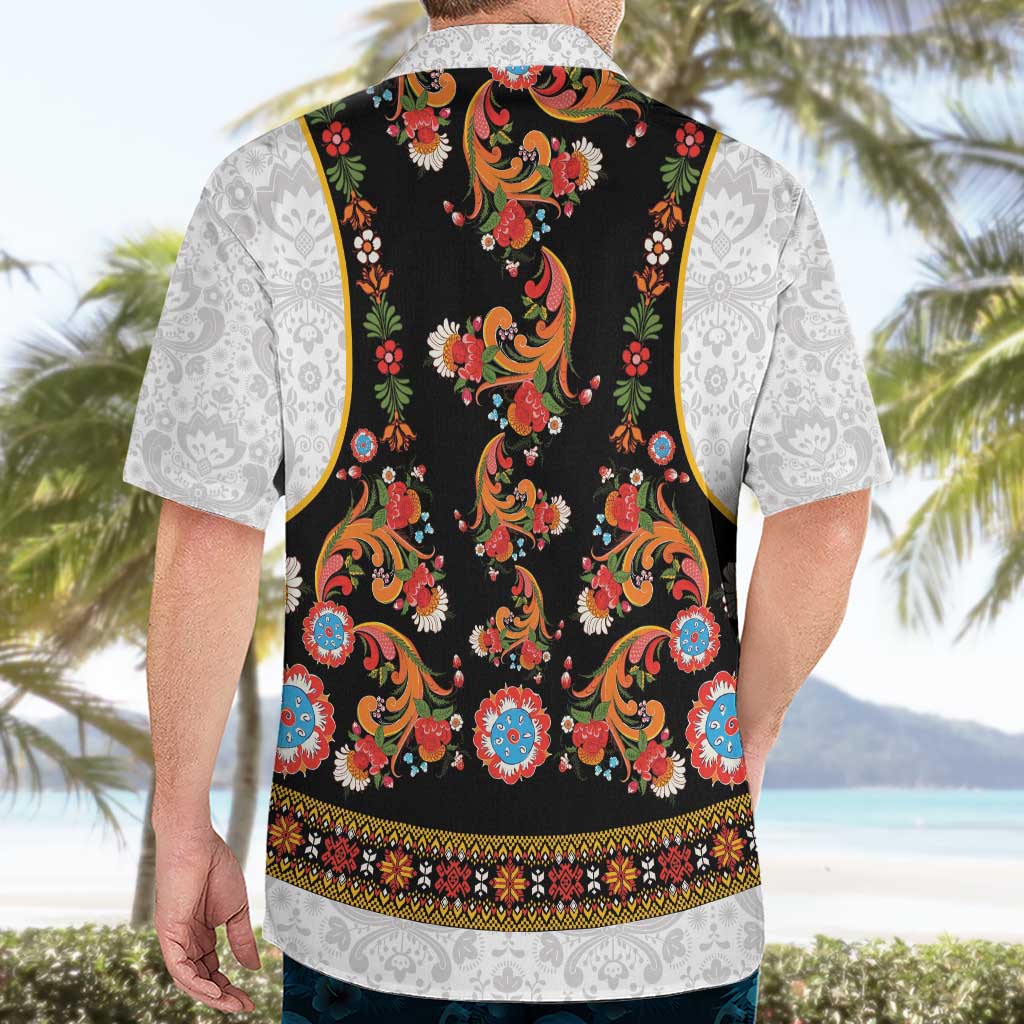 Norwegian Female Bunad Hawaiian Shirt with Rosemaling Folk Art Black Color - Wonder Print Shop