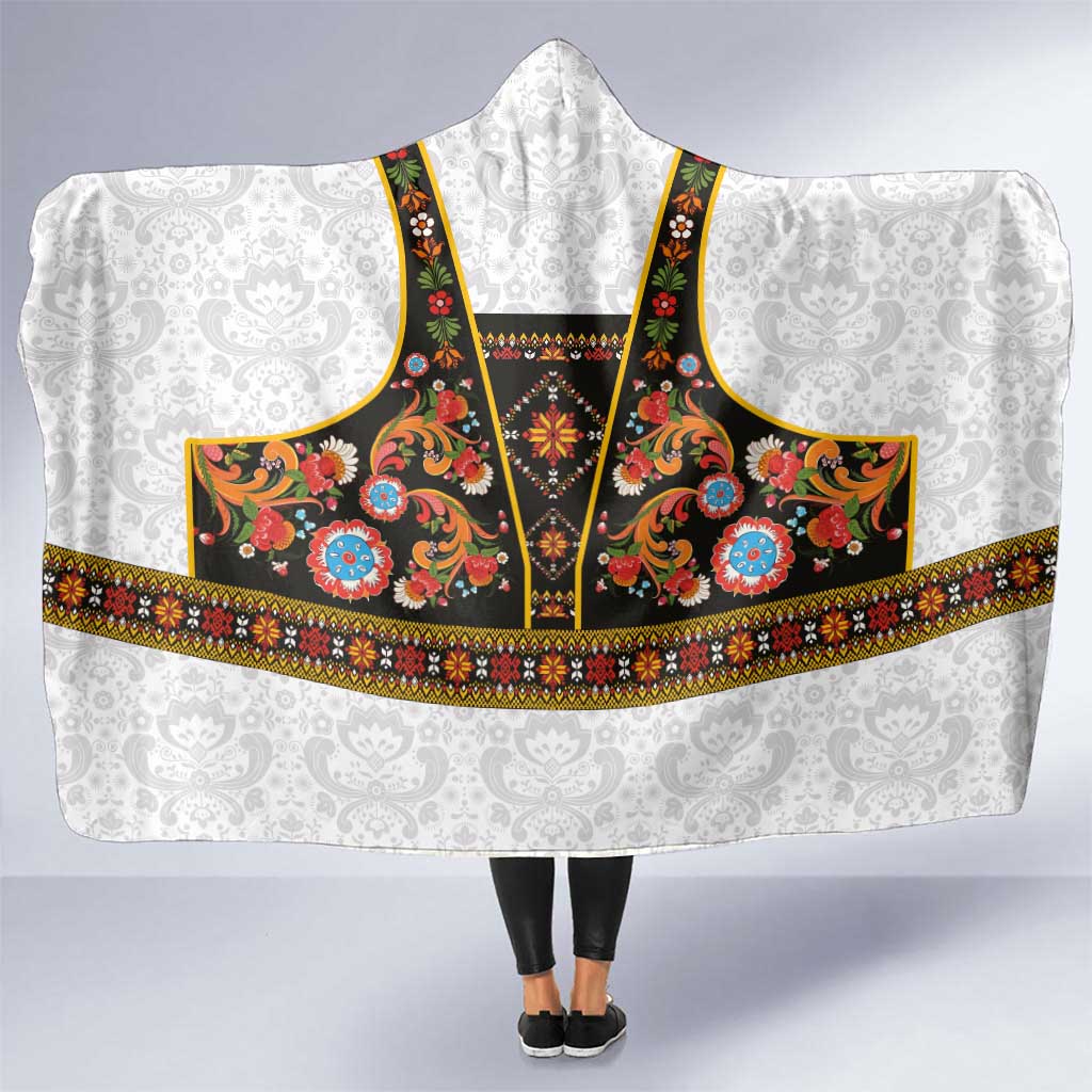 Norwegian Female Bunad Hooded Blanket with Rosemaling Folk Art Black Color - Wonder Print Shop
