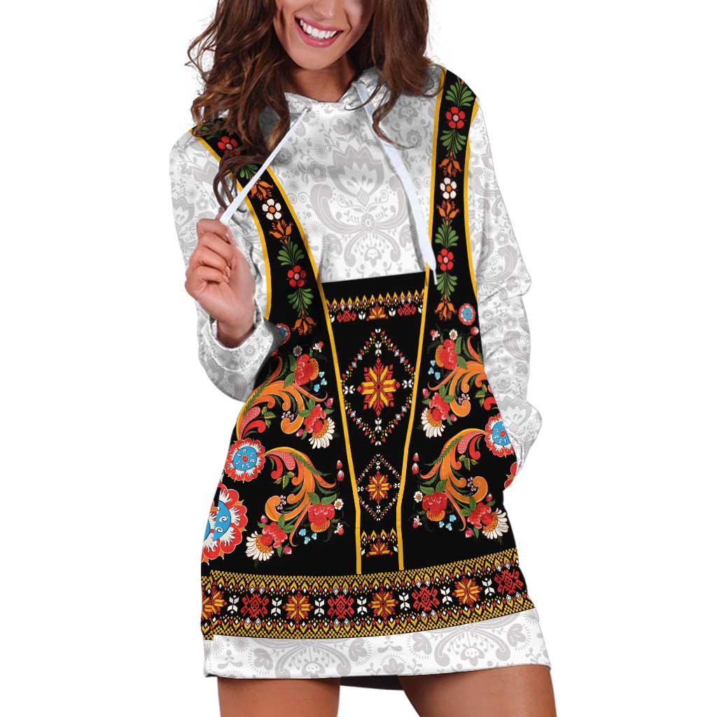 Norwegian Female Bunad Hoodie Dress with Rosemaling Folk Art Black Color - Wonder Print Shop