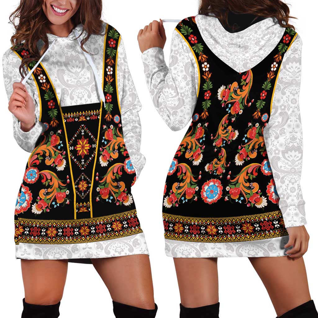 Norwegian Female Bunad Hoodie Dress with Rosemaling Folk Art Black Color - Wonder Print Shop