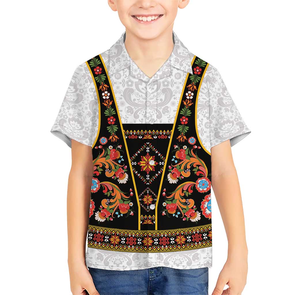 Norwegian Female Bunad Kid Hawaiian Shirt with Rosemaling Folk Art Black Color - Wonder Print Shop