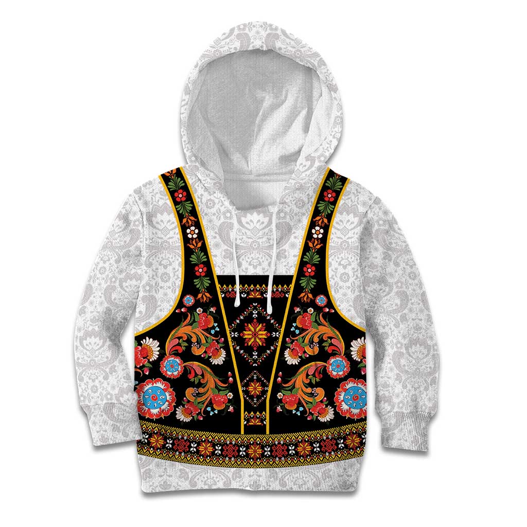Norwegian Female Bunad Kid Hoodie with Rosemaling Folk Art Black Color - Wonder Print Shop
