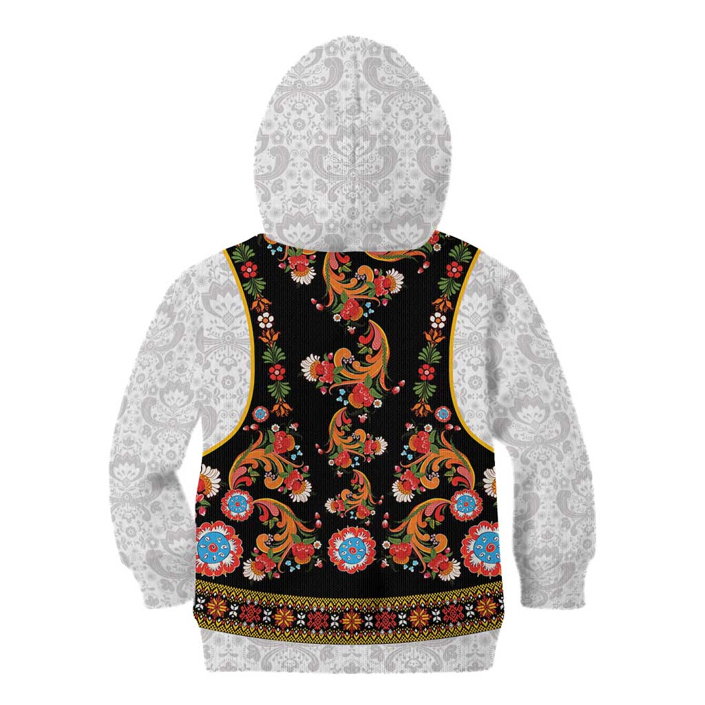 Norwegian Female Bunad Kid Hoodie with Rosemaling Folk Art Black Color - Wonder Print Shop