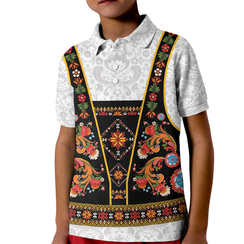 Norwegian Female Bunad Kid Polo Shirt with Rosemaling Folk Art Black Color - Wonder Print Shop