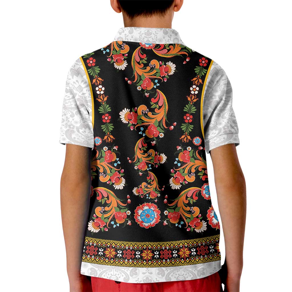Norwegian Female Bunad Kid Polo Shirt with Rosemaling Folk Art Black Color - Wonder Print Shop