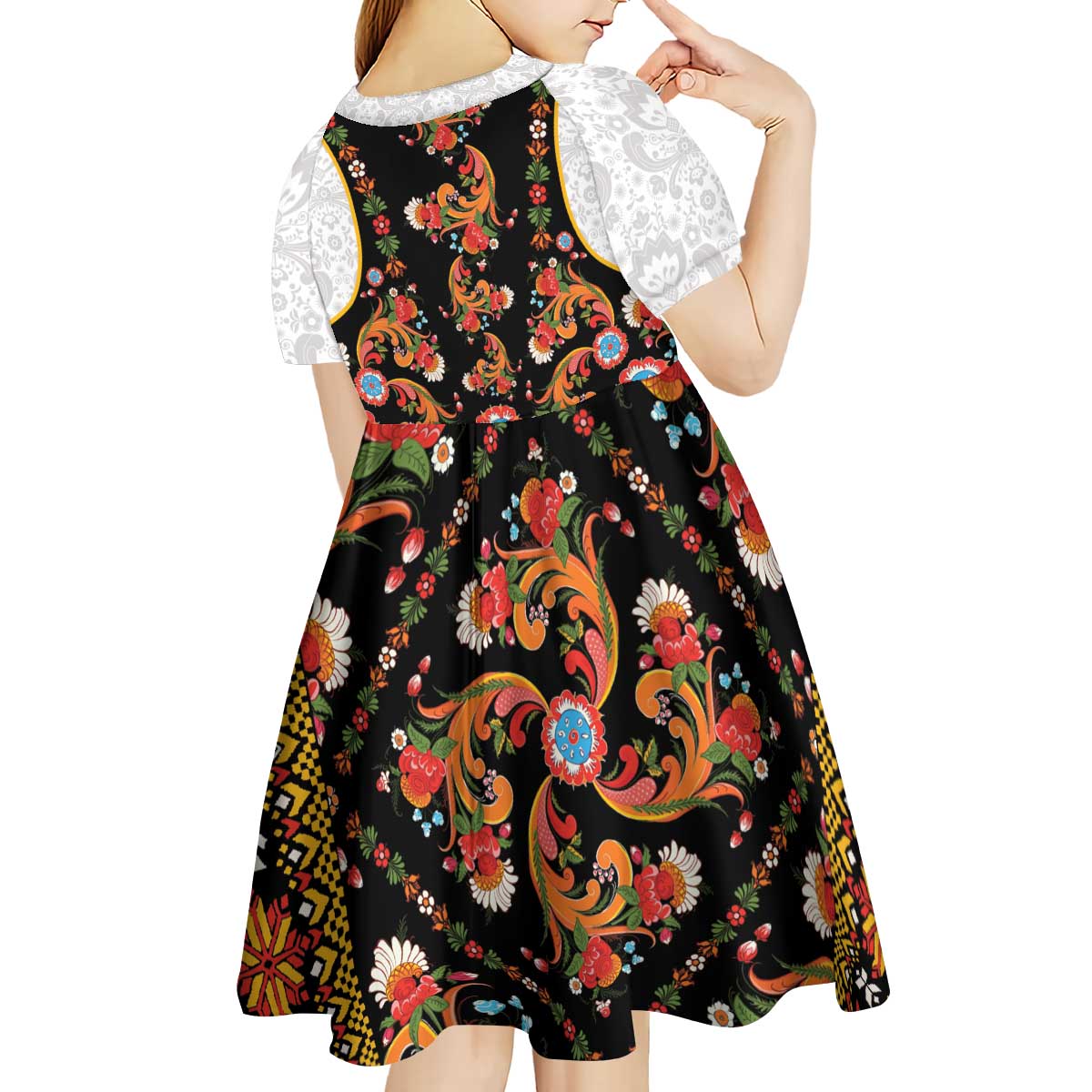 Norwegian Female Bunad Kid Short Sleeve Dress with Rosemaling Folk Art Black Color - Wonder Print Shop