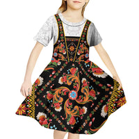 Norwegian Female Bunad Kid Short Sleeve Dress with Rosemaling Folk Art Black Color - Wonder Print Shop
