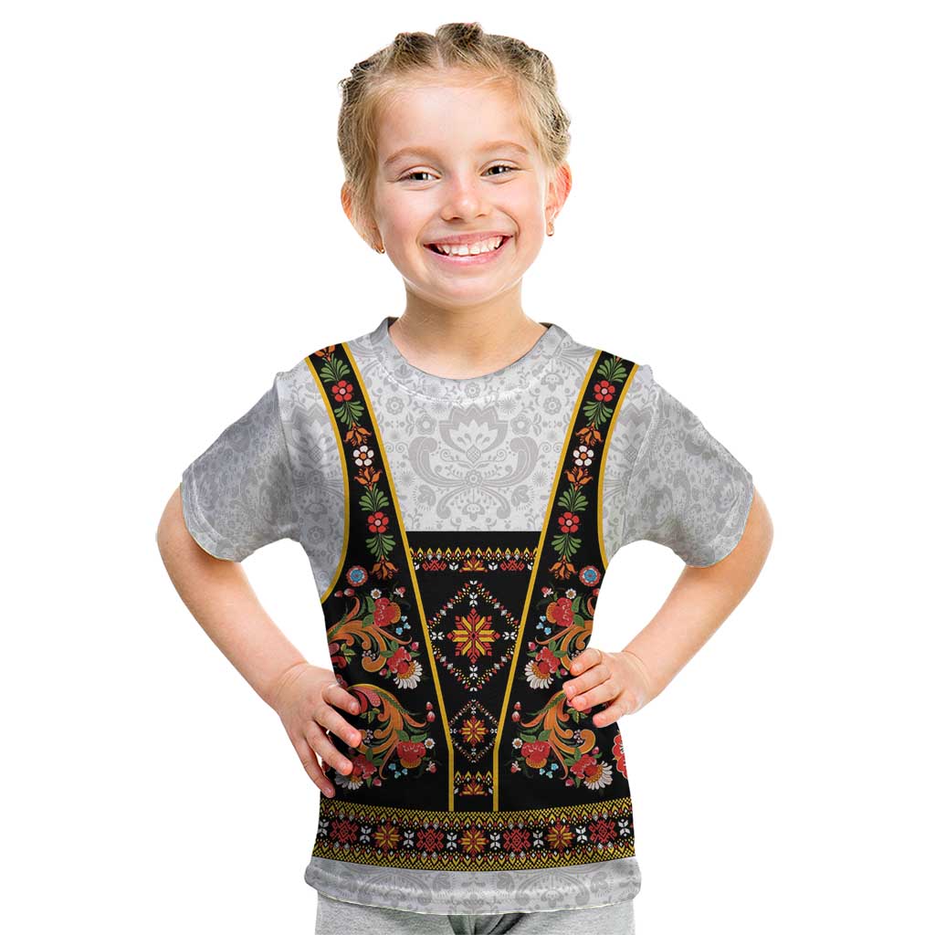 Norwegian Female Bunad Kid T Shirt with Rosemaling Folk Art Black Color - Wonder Print Shop