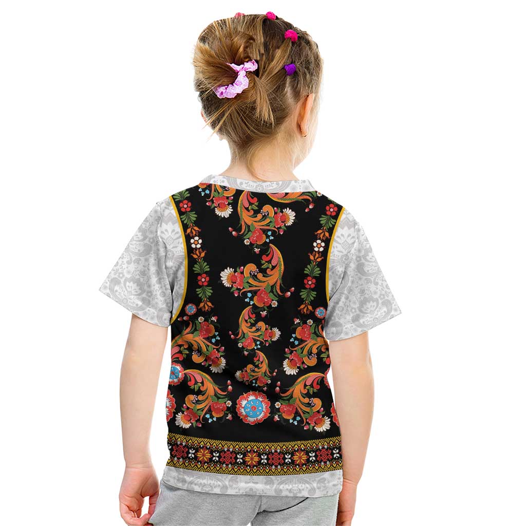 Norwegian Female Bunad Kid T Shirt with Rosemaling Folk Art Black Color - Wonder Print Shop