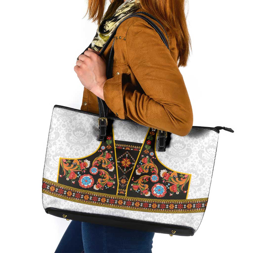 Norwegian Female Bunad Leather Tote Bag with Rosemaling Folk Art Black Color - Wonder Print Shop