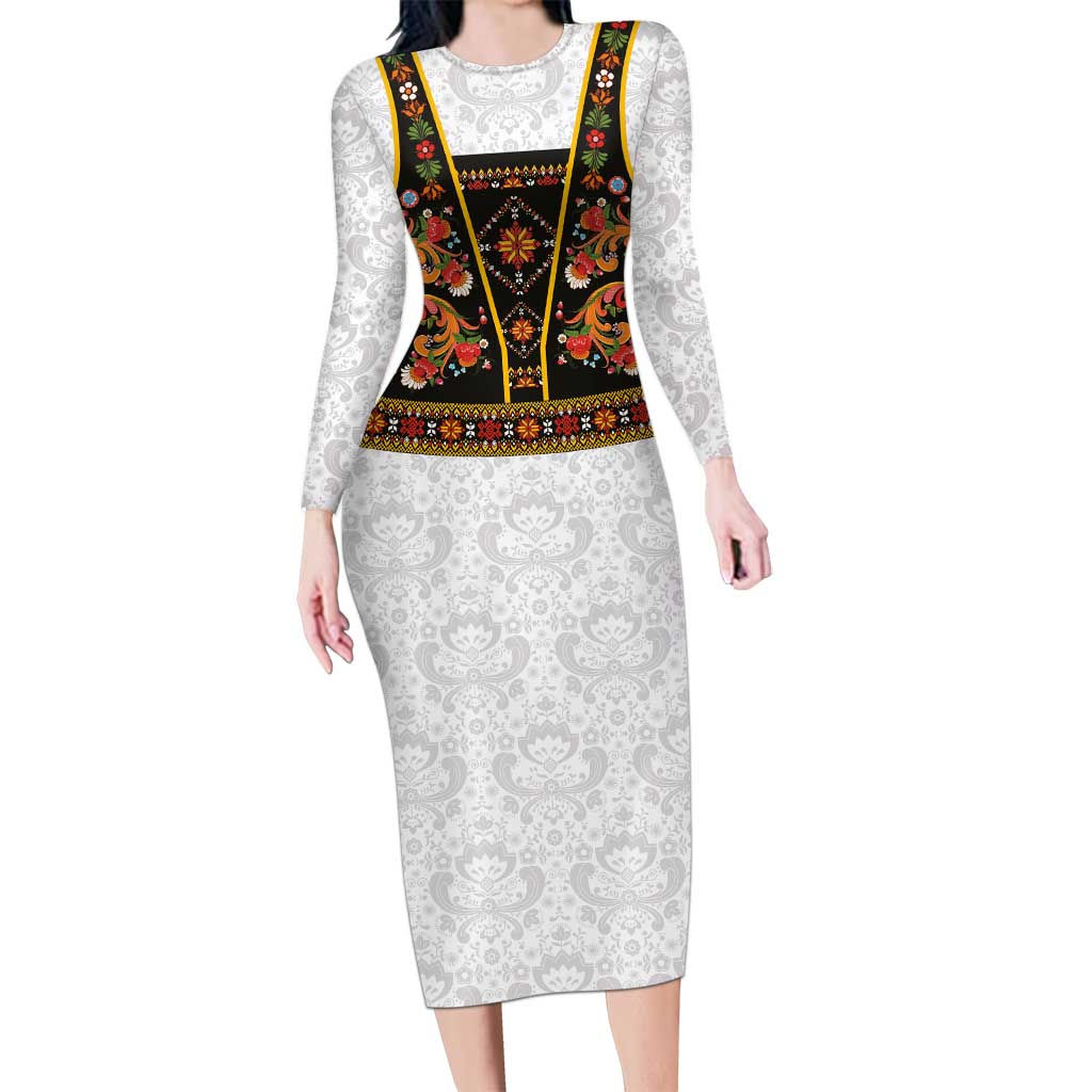 Norwegian Female Bunad Long Sleeve Bodycon Dress with Rosemaling Folk Art Black Color - Wonder Print Shop
