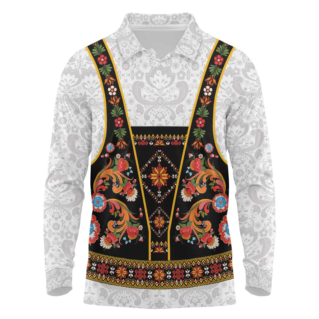 Norwegian Female Bunad Long Sleeve Polo Shirt with Rosemaling Folk Art Black Color - Wonder Print Shop