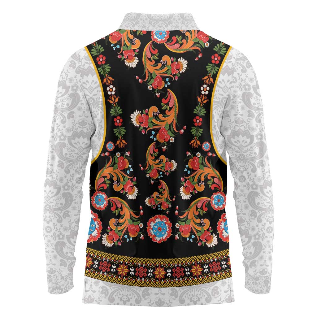 Norwegian Female Bunad Long Sleeve Polo Shirt with Rosemaling Folk Art Black Color - Wonder Print Shop