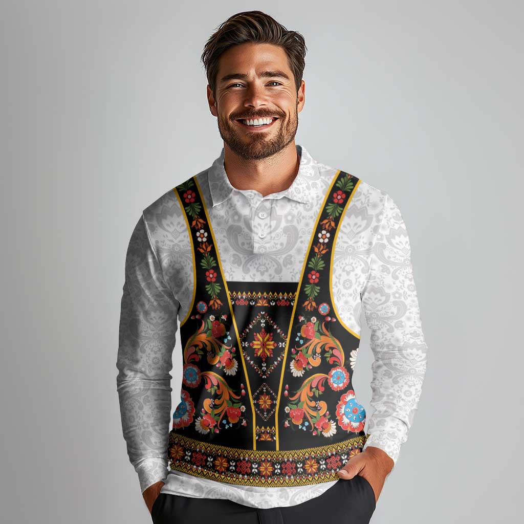 Norwegian Female Bunad Long Sleeve Polo Shirt with Rosemaling Folk Art Black Color - Wonder Print Shop