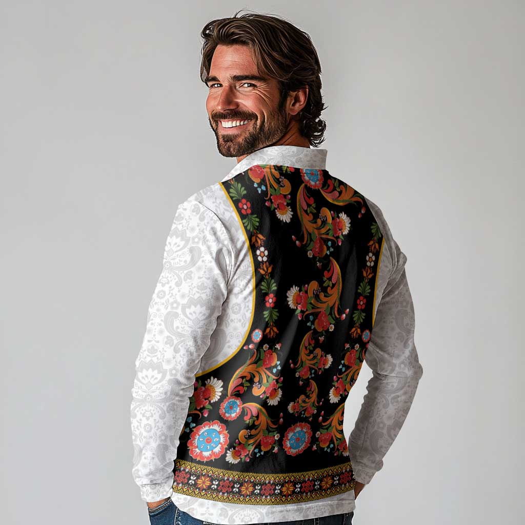 Norwegian Female Bunad Long Sleeve Polo Shirt with Rosemaling Folk Art Black Color - Wonder Print Shop