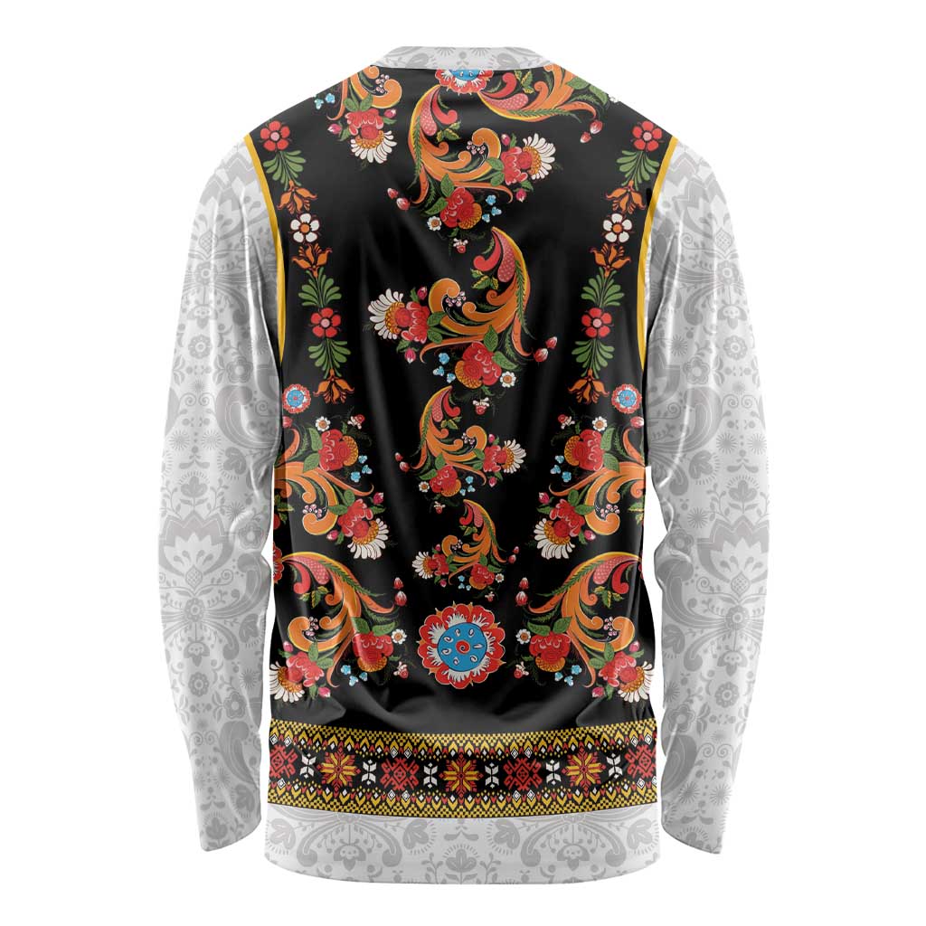 Norwegian Female Bunad Long Sleeve Shirt with Rosemaling Folk Art Black Color - Wonder Print Shop