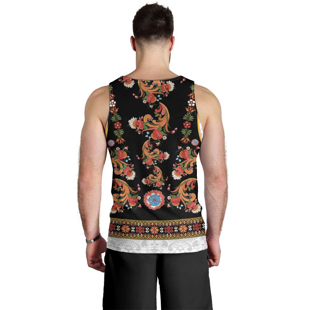 Norwegian Female Bunad Men Tank Top with Rosemaling Folk Art Black Color - Wonder Print Shop