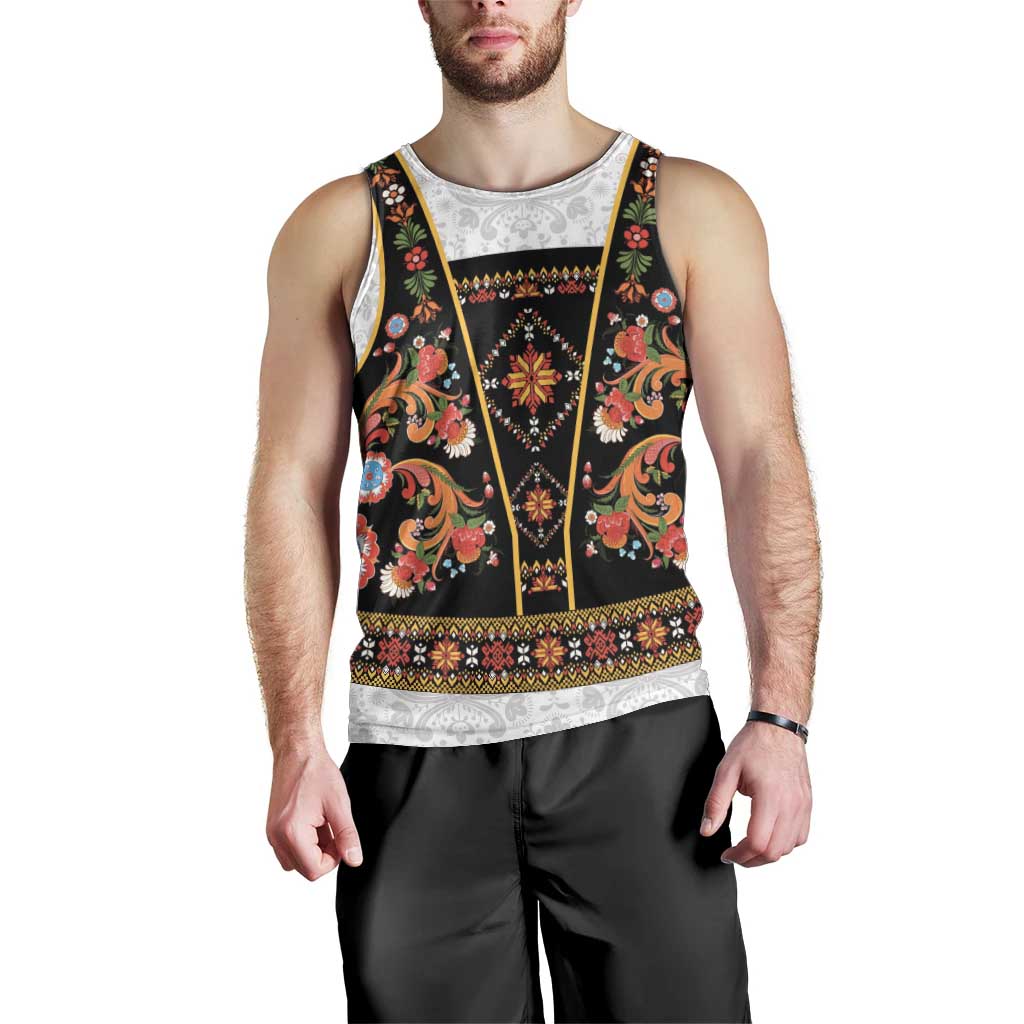 Norwegian Female Bunad Men Tank Top with Rosemaling Folk Art Black Color - Wonder Print Shop