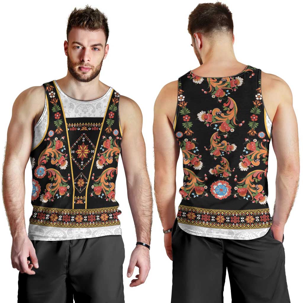 Norwegian Female Bunad Men Tank Top with Rosemaling Folk Art Black Color - Wonder Print Shop
