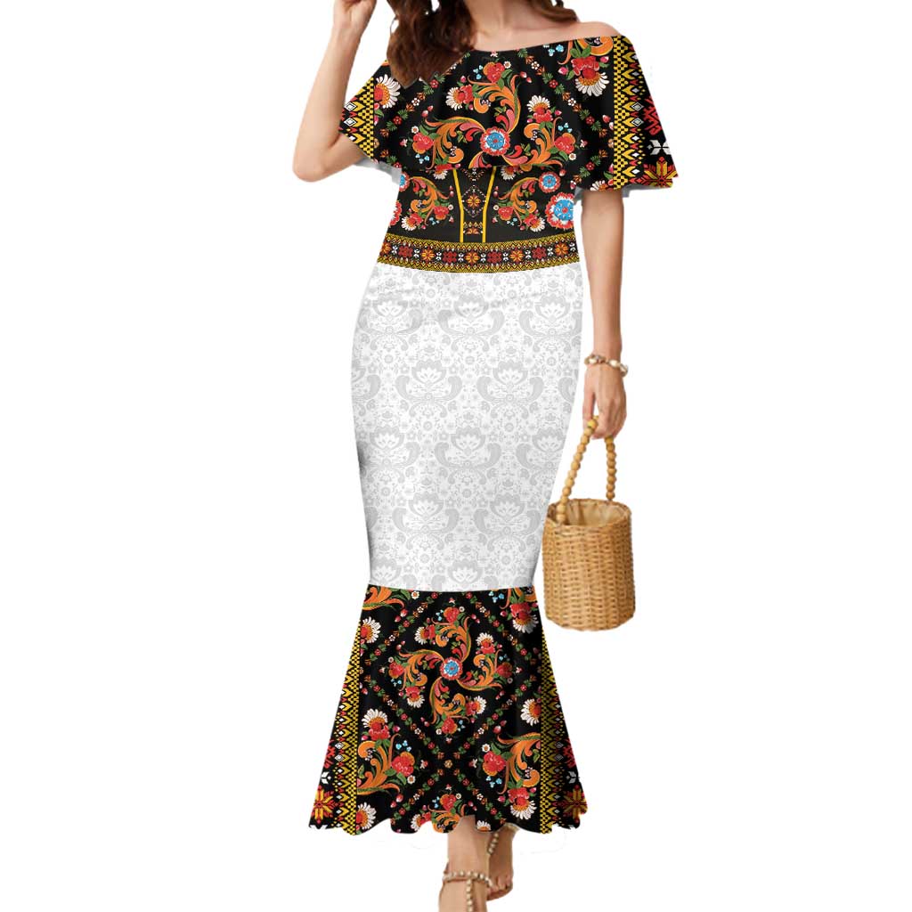 Norwegian Female Bunad Mermaid Dress with Rosemaling Folk Art Black Color - Wonder Print Shop