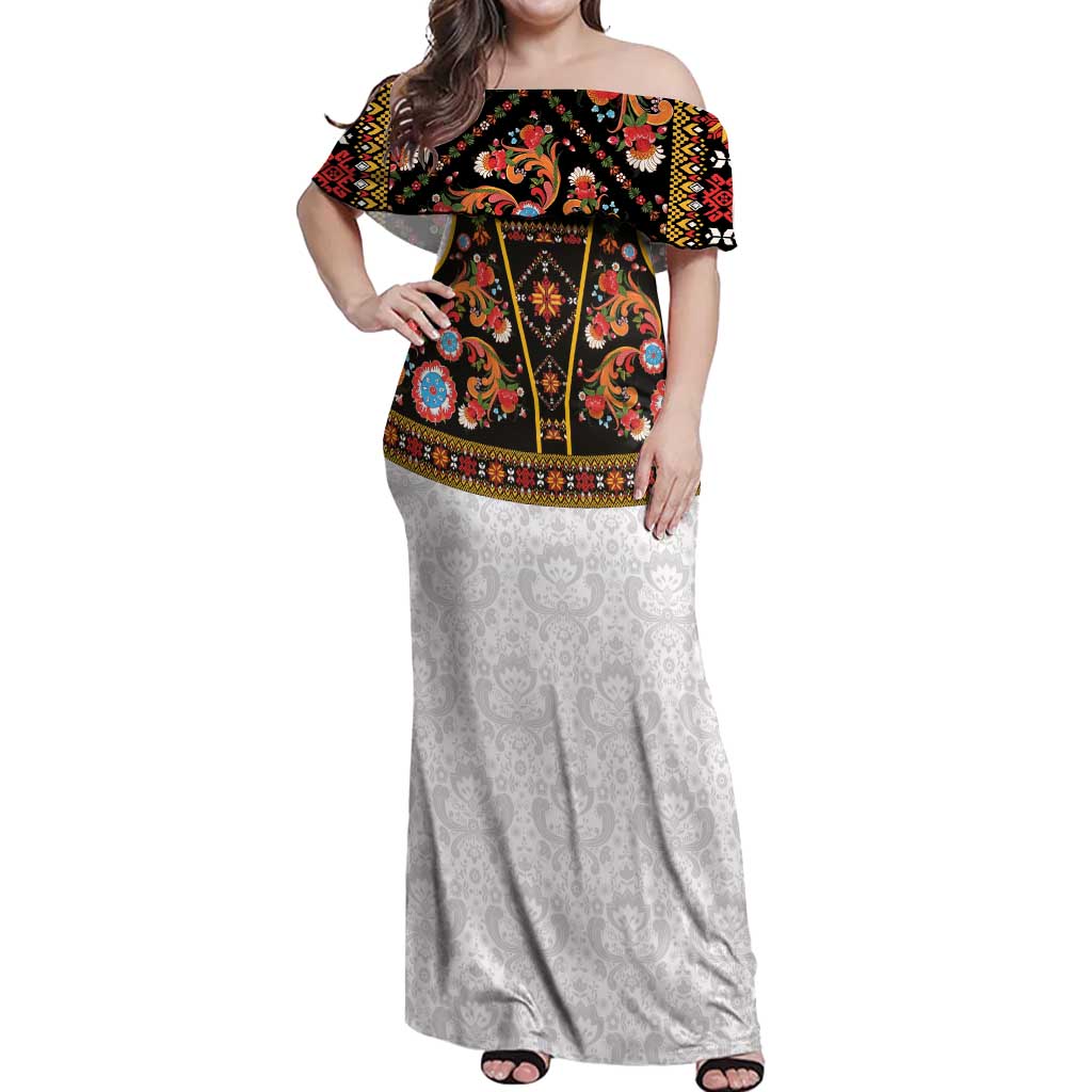 Norwegian Female Bunad Off Shoulder Maxi Dress with Rosemaling Folk Art Black Color - Wonder Print Shop