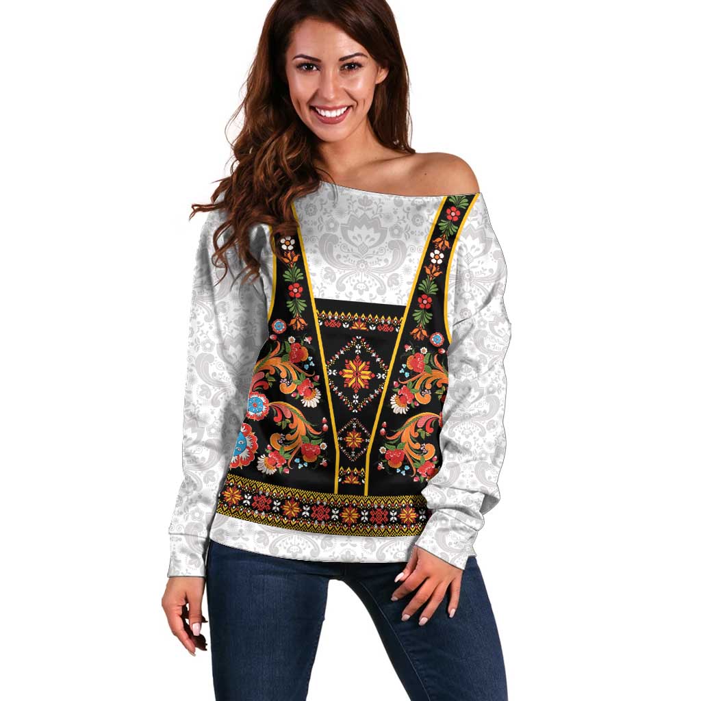 Norwegian Female Bunad Off Shoulder Sweater with Rosemaling Folk Art Black Color - Wonder Print Shop