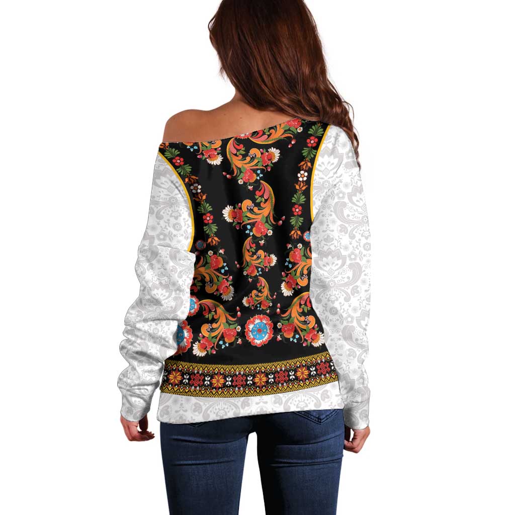 Norwegian Female Bunad Off Shoulder Sweater with Rosemaling Folk Art Black Color - Wonder Print Shop