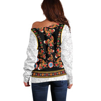 Norwegian Female Bunad Off Shoulder Sweater with Rosemaling Folk Art Black Color - Wonder Print Shop