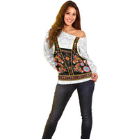 Norwegian Female Bunad Off Shoulder Sweater with Rosemaling Folk Art Black Color - Wonder Print Shop