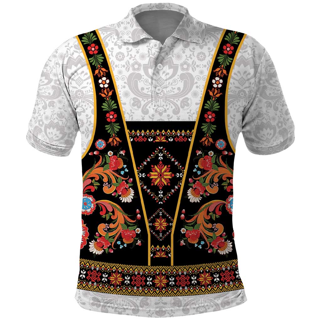 Norwegian Female Bunad Polo Shirt with Rosemaling Folk Art Black Color - Wonder Print Shop