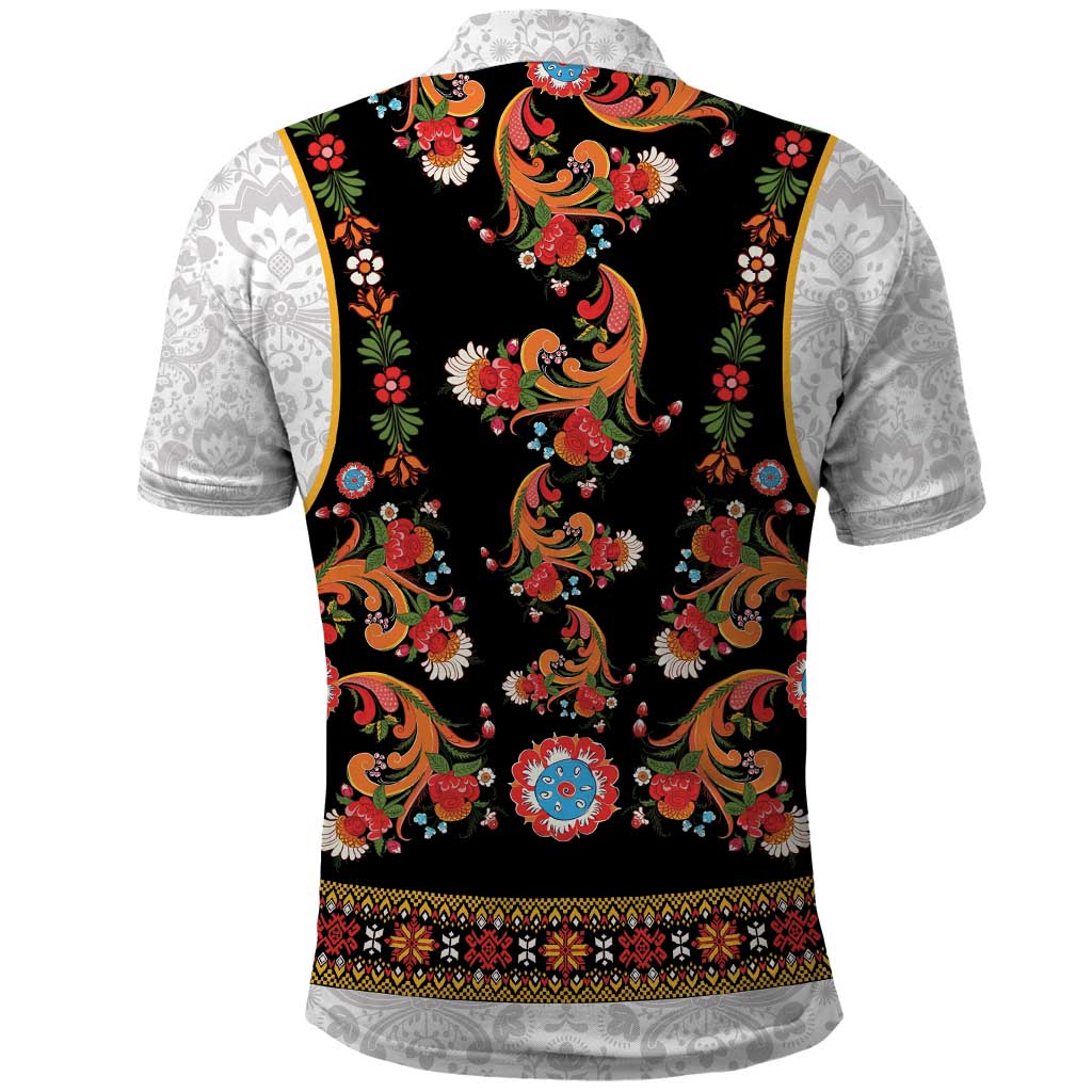 Norwegian Female Bunad Polo Shirt with Rosemaling Folk Art Black Color - Wonder Print Shop
