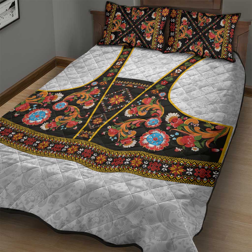 Norwegian Female Bunad Quilt Bed Set with Rosemaling Folk Art Black Color - Wonder Print Shop