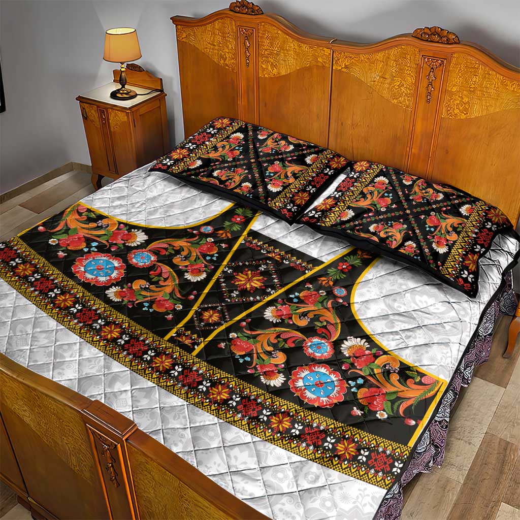 Norwegian Female Bunad Quilt Bed Set with Rosemaling Folk Art Black Color - Wonder Print Shop