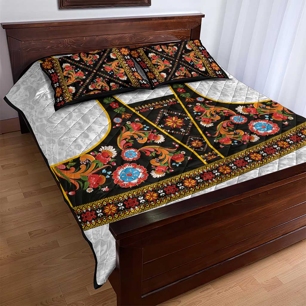 Norwegian Female Bunad Quilt Bed Set with Rosemaling Folk Art Black Color - Wonder Print Shop