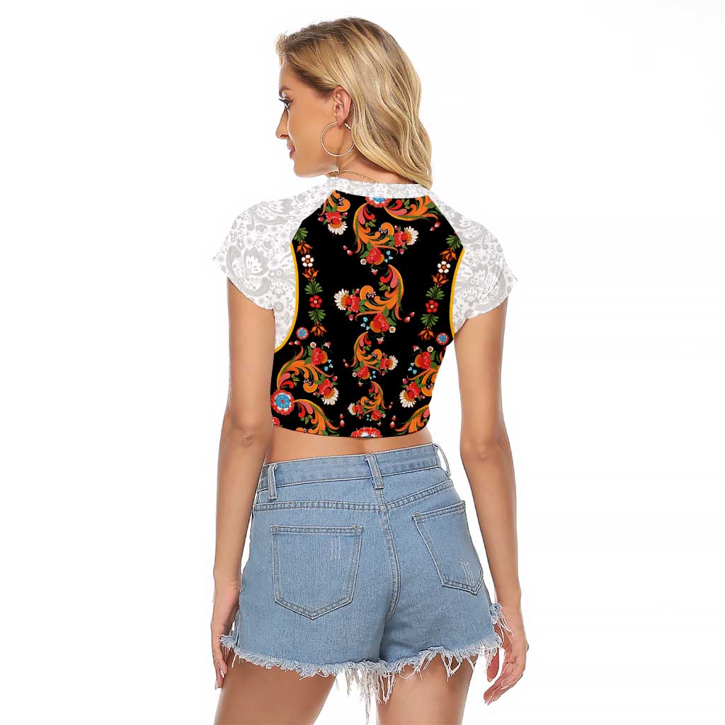 Norwegian Female Bunad Raglan Cropped T Shirt with Rosemaling Folk Art Black Color - Wonder Print Shop