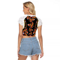 Norwegian Female Bunad Raglan Cropped T Shirt with Rosemaling Folk Art Black Color - Wonder Print Shop