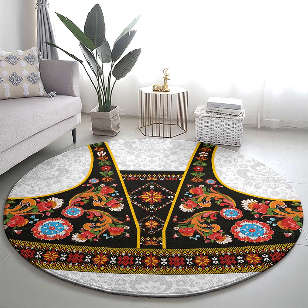 Norwegian Female Bunad Round Carpet with Rosemaling Folk Art Black Color - Wonder Print Shop