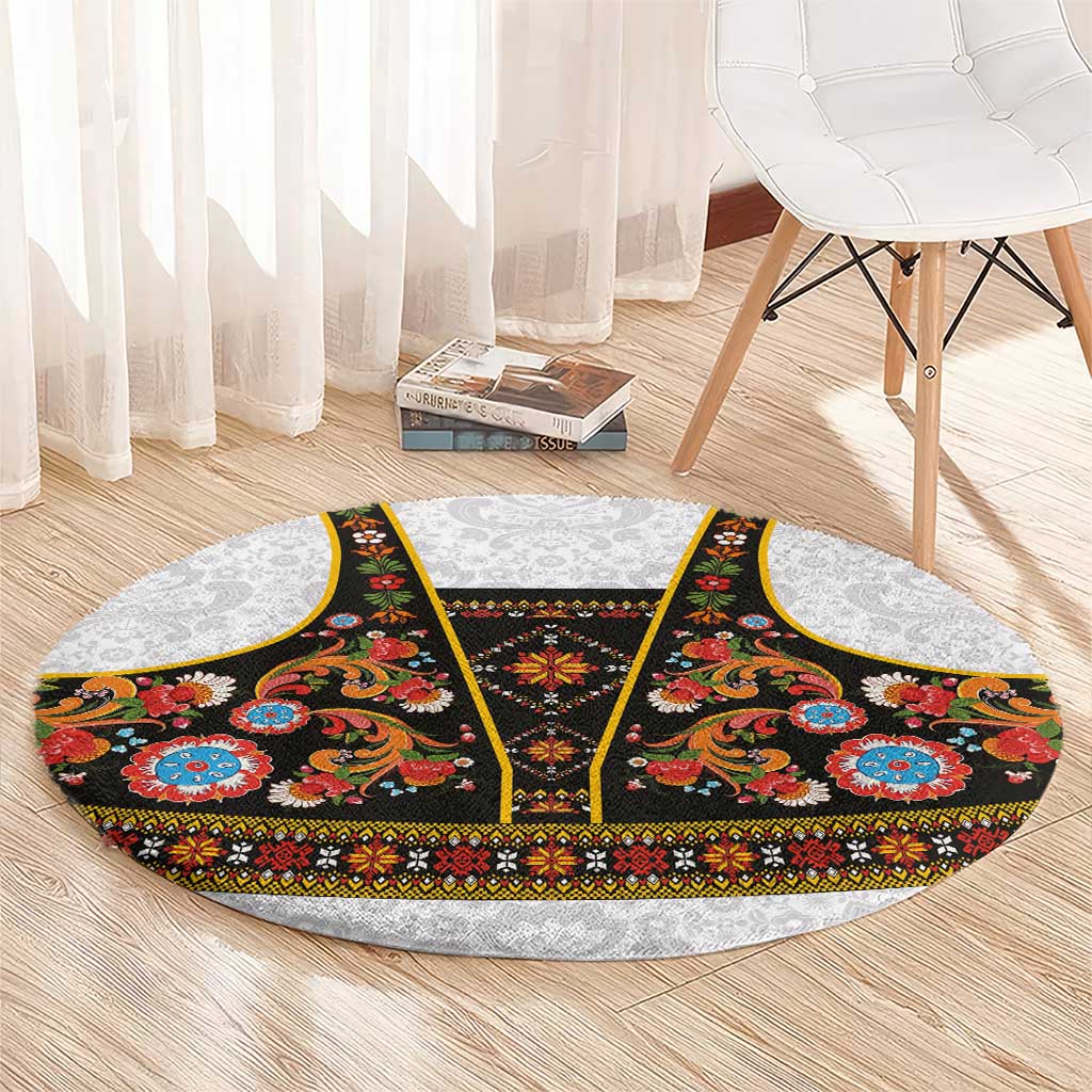Norwegian Female Bunad Round Carpet with Rosemaling Folk Art Black Color - Wonder Print Shop