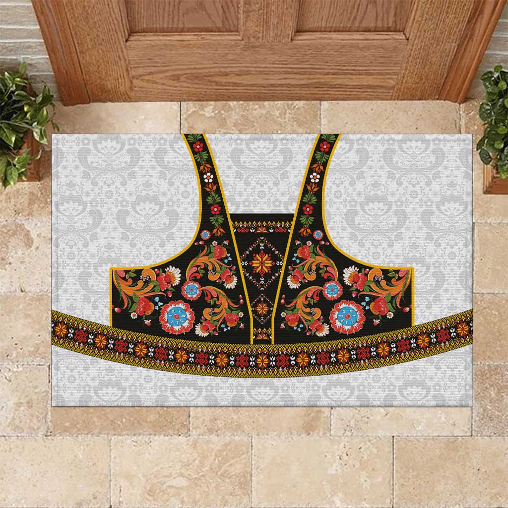 Norwegian Female Bunad Rubber Doormat with Rosemaling Folk Art Black Color - Wonder Print Shop