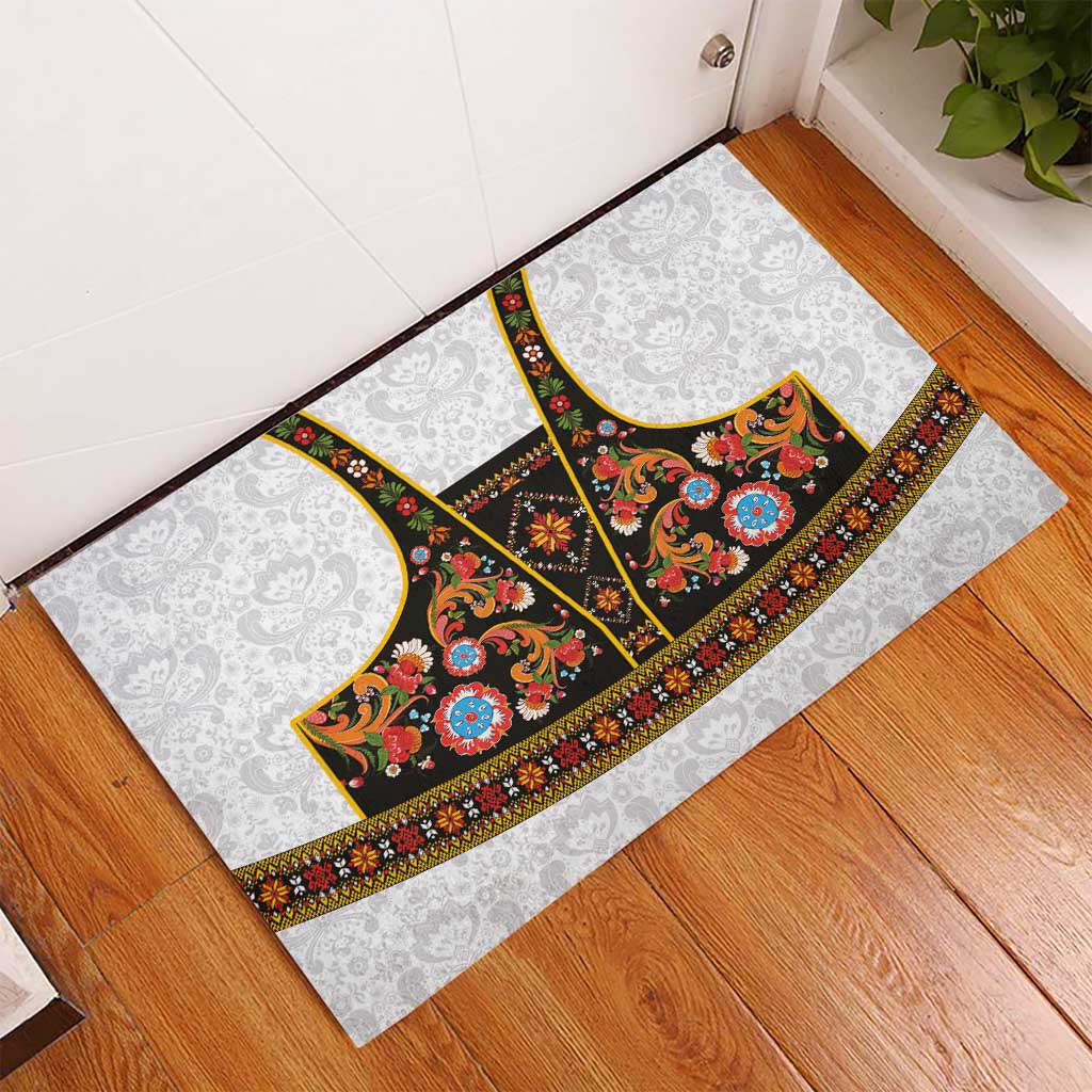 Norwegian Female Bunad Rubber Doormat with Rosemaling Folk Art Black Color - Wonder Print Shop