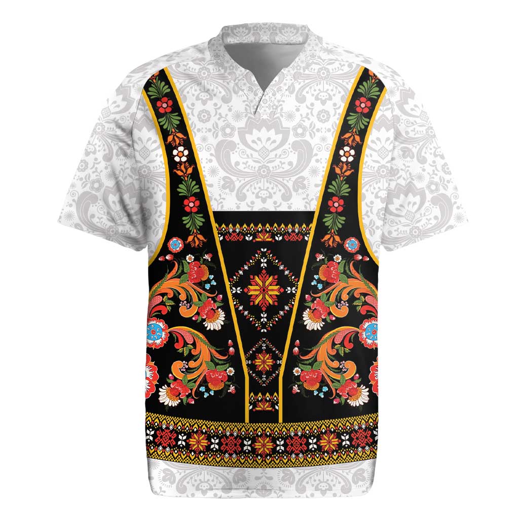 Norwegian Female Bunad Rugby Jersey with Rosemaling Folk Art Black Color - Wonder Print Shop