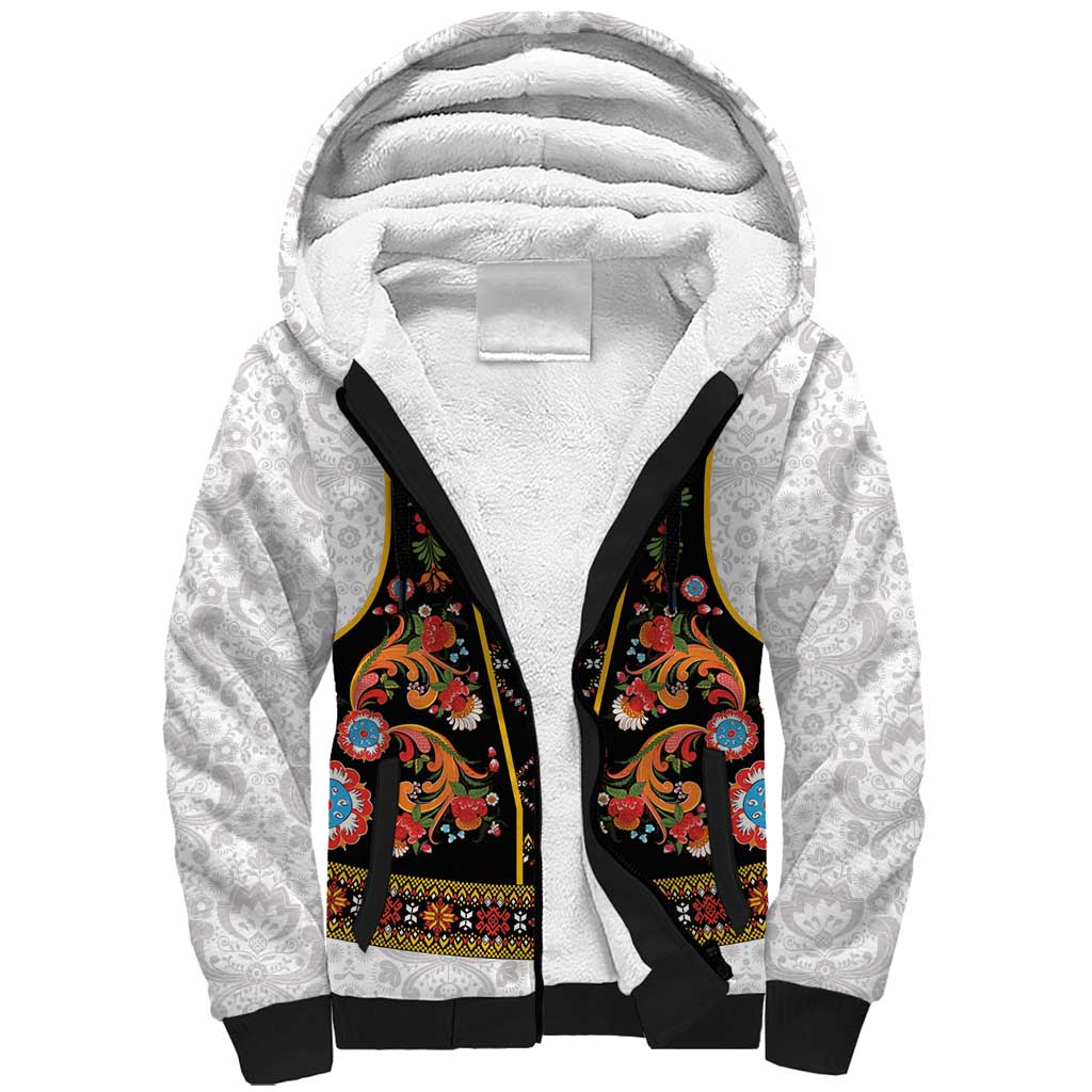 Norwegian Female Bunad Sherpa Hoodie with Rosemaling Folk Art Black Color - Wonder Print Shop