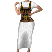 Norwegian Female Bunad Short Sleeve Bodycon Dress with Rosemaling Folk Art Black Color - Wonder Print Shop