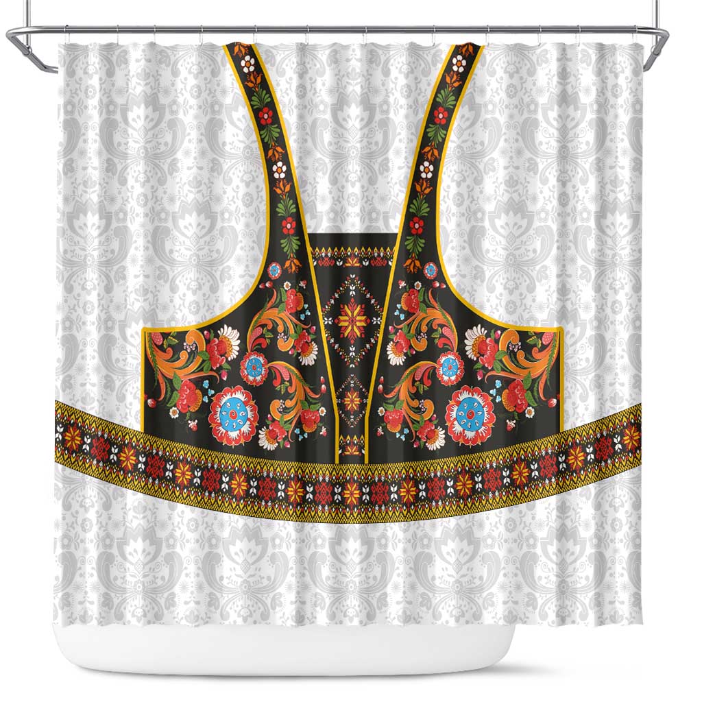 Norwegian Female Bunad Shower Curtain with Rosemaling Folk Art Black Color - Wonder Print Shop